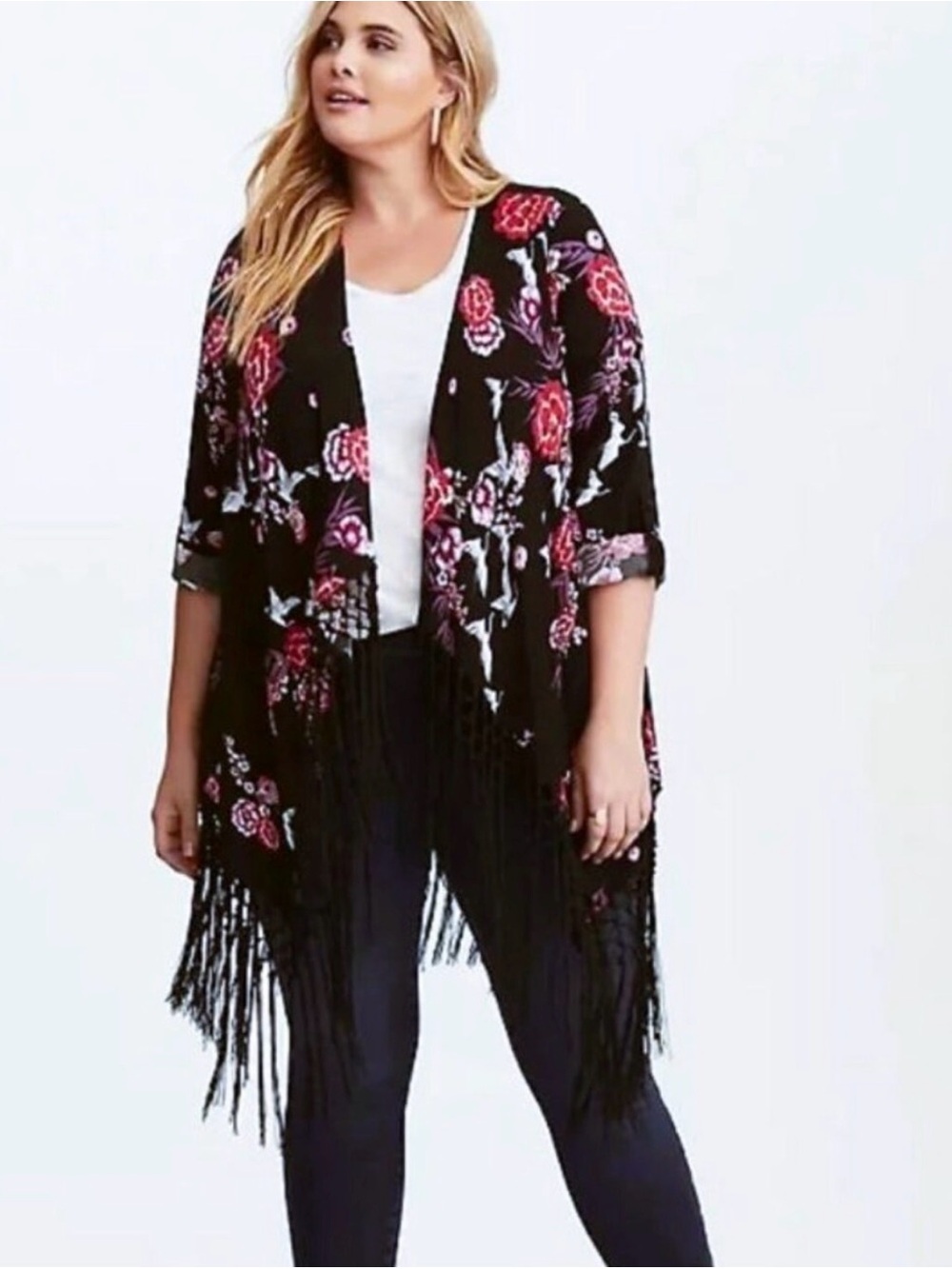 Torrid Floral Fringe Open-Front Kimono Cardigan - Black with Pink Floral